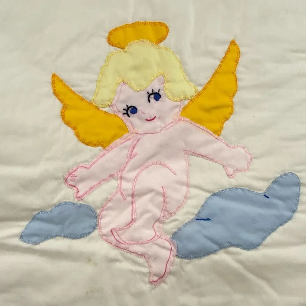 Angel embroidered baby crib quilt blanket yellow white unisex boy girl